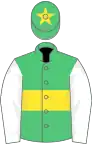 Emerald green, yellow hoop, white sleeves, emerald green cap, yellow star