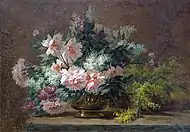 Pivoines et mimosa dans un vase en cuivre, oil on canvas, 114 x 163&nbsp;cm