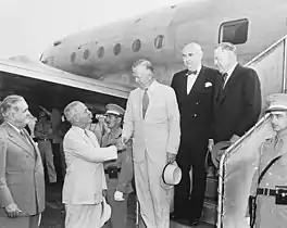 Secretary of State George Marshall greeted by President Harry S. Truman at Washington National Airport. 13 August 1947.