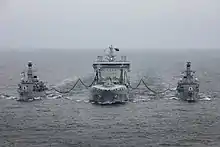 RFA Tiderace conducting a dual RAS with two Royal Navy frigates.