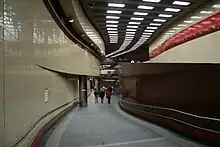 View looking northward from station atrium lobby, with outbound platform above inbound platform