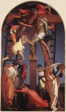 Painting of Christ being lifted from the cross using ladders
