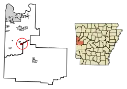 Location of Mansfield in Scott County and Sebastian County, Arkansas.