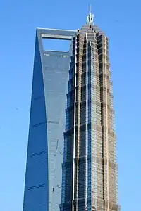 The Shanghai World Financial Center and Jin Mao Tower adjacent to each other.