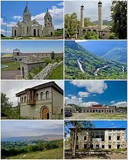 Landmarks of Shusha, from top left:Ghazanchetsots Cathedral • Yukhari Govhar Agha MosqueShusha fortress • Shusha mountainsHouse of Mehmandarovs • City centerShusha skyline • House of Khurshidbanu Natavan