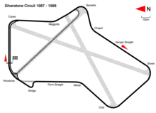 1987 to 1988: with the Bridge Chicane in place to reduce speeds through Woodcote Corner. Track length: 4.778 km. Lap record: Nelson Piquet, Williams-Honda, 1:07.110 (1987 British Grand Prix).