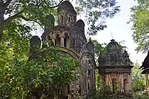 Alui: Nava ratna Sridhara temple with rasmancha built in 1880 (in picture) and another nava ratna temple built in 1860 (renovated), both with terracotta carvings.
