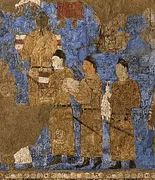 Tang dynasty emissaries at the court of Varkhuman in Samarkand carrying silk and a string of silkworm cocoons, circa 655 CE, Afrasiyab murals, Samarkand