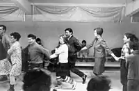 "Terry, Peter Pitseolak, Pat, Kananginak, Elli and Tommy at the Friday night dance", Apr. 1968, Cape Dorset