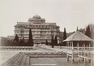 Chandra Mahal in 1885 from the Jai Niwas garden