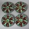 Oyster plates, c 1880, coloured glazes, Palissy style.