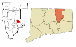 Storrs' location within Tolland County and Connecticut