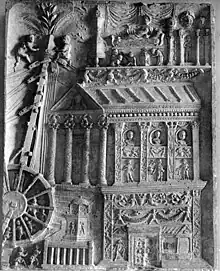 Black-and-white photograph of a Roman sculpture, showing a tomb being constructed with a crane.