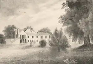 Natural landscape with palace in background, sepia tone