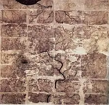 Image 40An early Western Han dynasty (202 BC – 9 AD) silk map found in tomb 3 of Mawangdui Han tombs site, depicting the Kingdom of Changsha and Kingdom of Nanyue in southern China (note: the south direction is oriented at the top, north at the bottom). (from History of cartography)