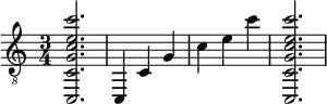 {
\clef "treble_8"
\time 3/4
<c, c g c' e' c''>2.
<c, >4
<c >4
<g >4
<c' >4
<e' >4
<c'' >4
<c, c g c' e' c''>2.
}