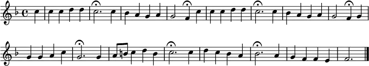 \new Staff <<
\clef treble
\new Voice = "Soprano"
{ \key f \major \tempo 4=108 \set Staff.midiInstrument = "oboe" {
\set Score.tempoHideNote = ##t
\override Score.BarNumber #'transparent = ##t
\time 4/4
\relative c'' { \partial 4 c | c4 c d d | c2.\fermata c4 | bes a g a | g2 f4\fermata }
\relative c'' { \partial 4 c | c4 c d d | c2.\fermata c4 | bes a g a | g2 f4\fermata }
\relative c'' {
g4 | g g a c | g2.\fermata g4 | a8 b c4 d b | c2.\fermata c4 | d c bes a | bes2.\fermata a4 | g f f e | f2. \bar "|."
}
}
}
>>