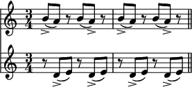 \relative c'' {
\time 3/4
<<\new Staff {b8-> (a) r b (a->) r b-> (a) r b (a->) r}
\new Staff {r d, -> (e) r d-> (e) r d-> (e) r d-> (e)}>>
\bar "||"
}