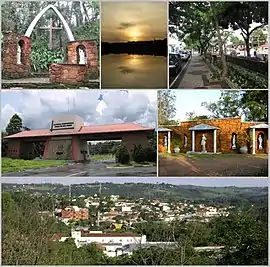 Acima, à esquerda, vista do Bosque Municipal; ao meio, um pôr do sol no Lago das Palmeiras; à direita, a rua principal. Ao centro, à esquerda, o Portal da cidade; à direita a Fonte Almeida Salles, uma das três fontes de água hidromineral de Águas de São Pedro. Abaixo uma panorâmica da cidade.