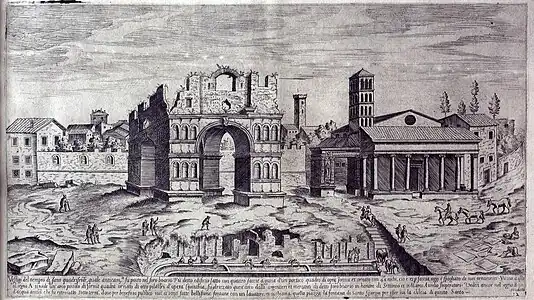 Gravura de Étienne Dupérac (1575) mostrando o Arco de Jano (esq.) e São Jorge em Velabro (direita).