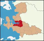 Mapa da província de Esmirna com a área metropolitana em destaque