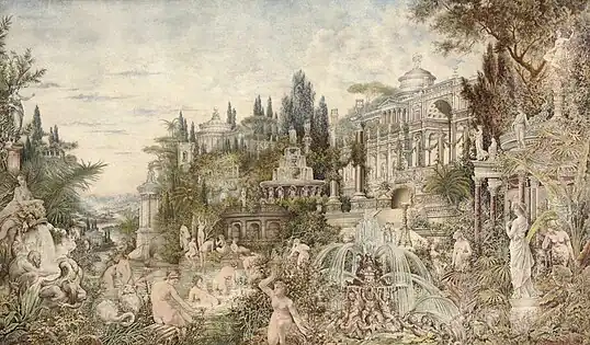Jardim Encantado ou Parque dos Banhistas (1882). Cena de festa com sátiros e bacantes em palácios romanos.