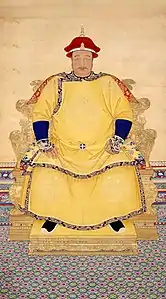 Retrato oficial de Huang-Taiji o segundo cã da Dinastia Jin Posterior e posteriormente fundador da Dinastia Qing.