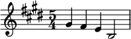  \relative c'' {\time 5/4 \key e \major gis4 fis e b2|}