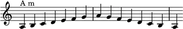 
{
\override Score.TimeSignature #'stencil = ##f
\relative c'
 {
  \clef treble \key c \major \time 7/4
  a4^\markup "A m" b c d e f g a g f e d c b a
 }
}
