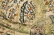 Ano 1225 - 1265. Fragmento do mapa do salterio de Londres. Este pequeno mapamundi, aparecido nun libro de salmos inglés, representa Galizia como a terra máis  occidental do orbe, compartindo a península ibérica con Hispania.