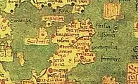 Ano 1448. Fragmento do mapa-múndi de Andreas Walsperger. O mapa, orientado ao sur, apresenta Galicia como o nome do reino que ocupa a parte noroccidental da península.