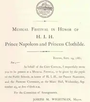 Festival musical, a ser ministrado pelos alunos das Escolas Públicas, em homenagem a HIH, o Príncipe Napoleão e a Princesa Clothilde, 1861