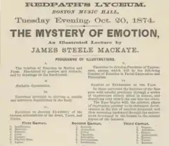 Liceu de Redpath. Boston Music Hall, terça-feira à noite, 20 de outubro de 1874. O mistério da emoção, uma palestra ilustrada de James Steele MacKaye .