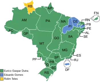 Estados e territórios onde cada candidato venceu, segundo a legenda.