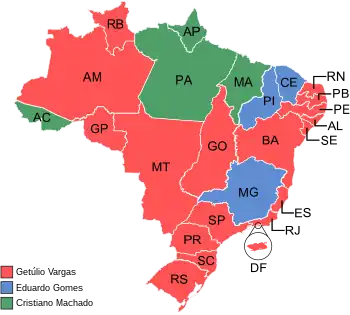 Estados e territórios onde cada candidato venceu, segundo a legenda.
