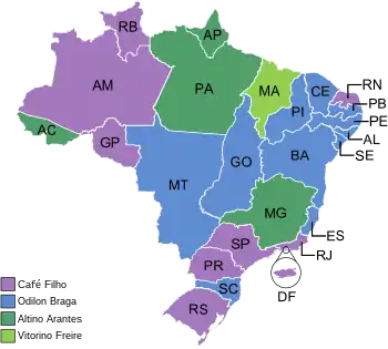 Estados e territórios onde cada candidato venceu, segundo a legenda.
