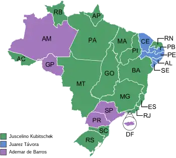 Estados e territórios onde cada candidato venceu, segundo a legenda.