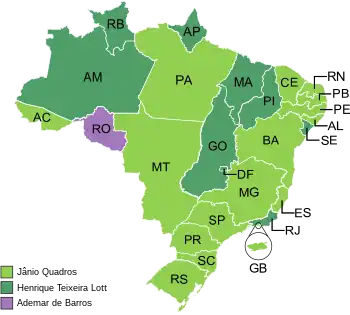 Estados e territórios onde cada candidato venceu, segundo a legenda.