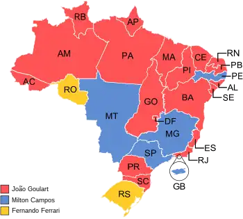 Estados e territórios onde cada candidato venceu, segundo a legenda.