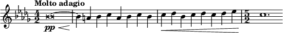 \relative c'' { \clef treble \key bes \minor \time 4/2 \tempo "Molto adagio" bes\breve(~\pp\< | bes4\! a bes c a bes c bes | c\< des bes c des c des ees | \time 5/2 c1.\! }