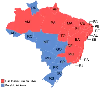 Estados e territórios onde cada candidato venceu, segundo a legenda.