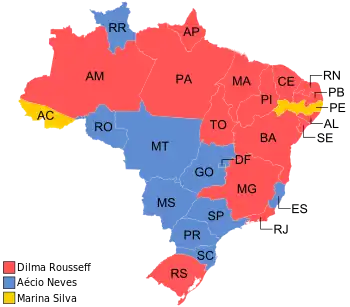 Estados e territórios onde cada candidato venceu, segundo a legenda.