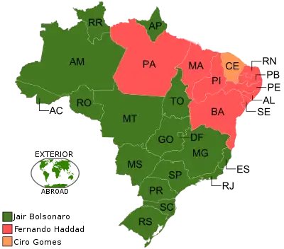 Estados e territórios onde cada candidato venceu, segundo a legenda.