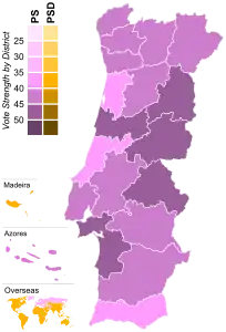 Votação do partido mais votado por círculo eleitoral