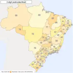 Mapa do Brasil de acordo com os dois primeiros dígitos de CEP.
