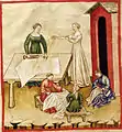 Mulheres trabalhando com linho,em imagem do livro Tacuinum sanitatis.