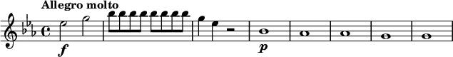
\relative c'' {
  \key es \major
  \tempo "Allegro molto"
  es2\f g |
  \repeat unfold 8 { bes8 } |
  g4 es r2 |
  bes1\p | as | as | g | g |
}
