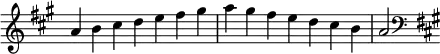 {
\override Score.TimeSignature #'stencil = ##f
\relative c'' {
\clef treble \key a \major \time 7/4 a4 b cis d e fis gis a gis fis e d cis b a2
\clef bass \key a \major
} }