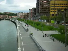 O Passeio Abandoibarra, na margem esquerda da ria de Bilbau, vista desde da ponte Zubizuri