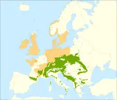 :&nbsp;&nbsp;&nbsp;&nbsp; ✖ Distribuição nativa contínua e populações isoladas
:&nbsp;&nbsp;&nbsp;&nbsp; ▲ Distribuição introduzida/naturalizada contínua e populações isoladas